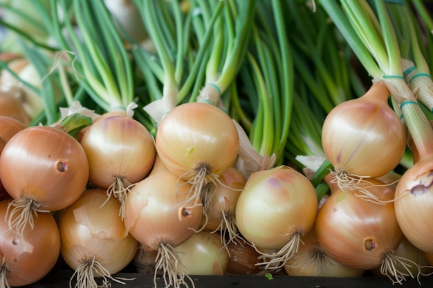 Ein Bündel Zwiebeln mit grünen Spitzen auf einem Marktstand