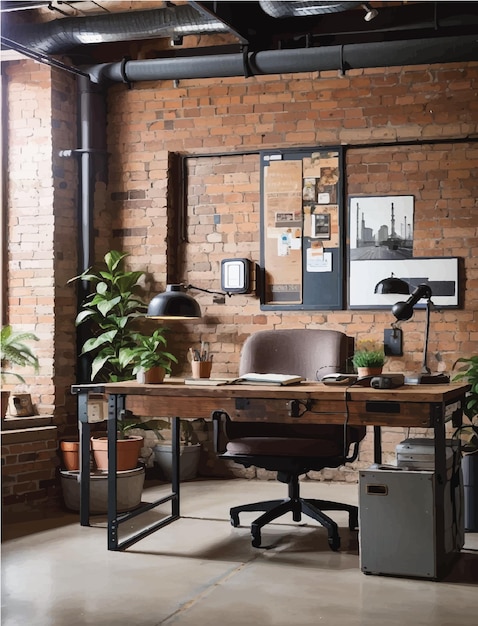 Ein Büro im industriellen Stil mit sichtbaren Ziegelsteinwänden und einem rustikalen Holzschreibtisch