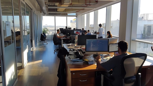 Ein Büro mit Aussicht Eine Gruppe von Menschen arbeitet in einem modernen Büro mit großen Fenstern mit Blick auf die Stadt