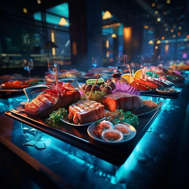 ein Buffettisch mit Speisen darauf, darunter Sushi und Sushi
