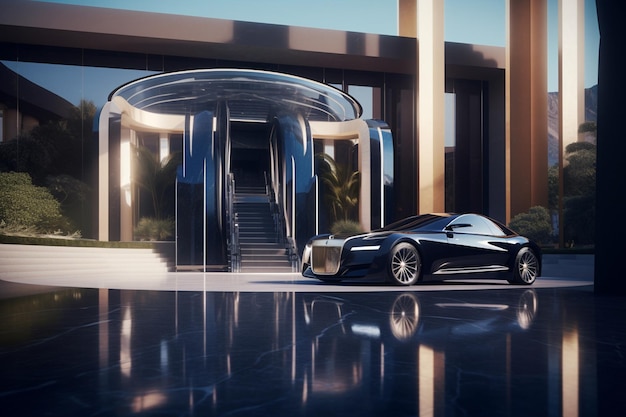 Ein Bugatti Veyron parkt vor einem Luxusgebäude.
