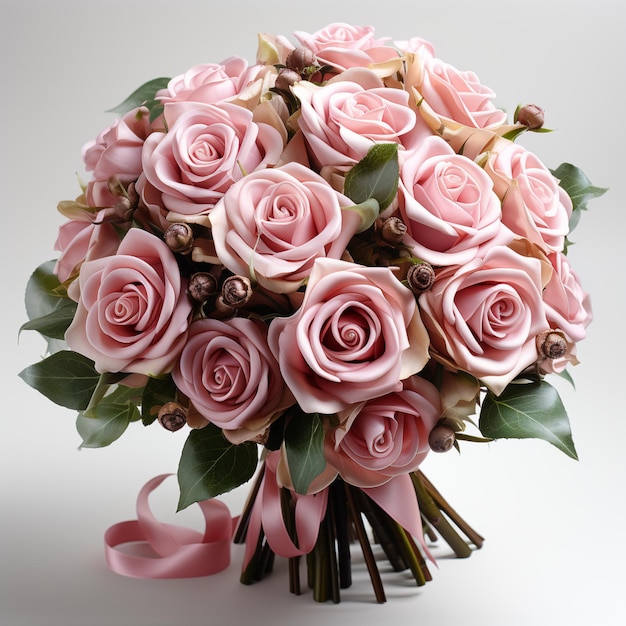Foto ein bukett rosa rosen mit einem band, das an der spitze gebunden ist.