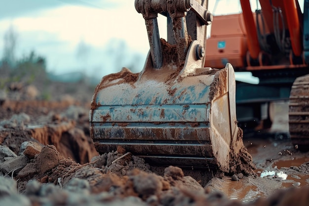 Foto ein bulldozer, der hart arbeitet, um das schlammige feld zu graben. perfekt für bau- oder landwirtschaftsprojekte.