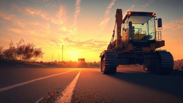 Ein Bulldozer fährt eine Straße entlang, im Hintergrund ein Sonnenuntergang.