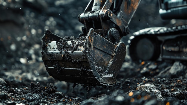 Ein Bulldozer gräbt mit seinem starken Eimer durch einen riesigen Kohlehaufen.