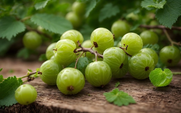 Ein Bund grüner Stachelbeeren auf Holzhintergrund