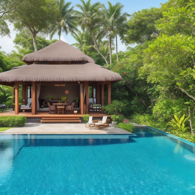 Foto ein bungalow mit swimmingpool