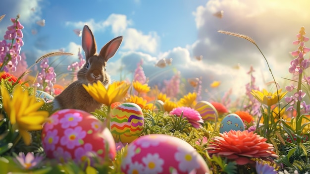 Ein Bunny-Gemälde umgeben von Ostereiern und Blumen in einer natürlichen Landschaft
