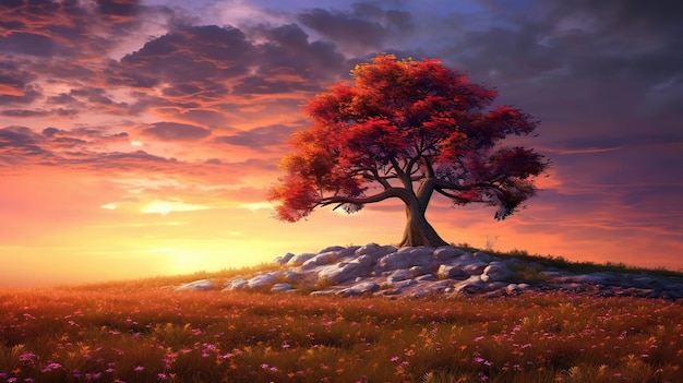 Ein bunter Baum in einem wunderschönen Feld mit einem Sonnenuntergang im Hintergrund Generative KI