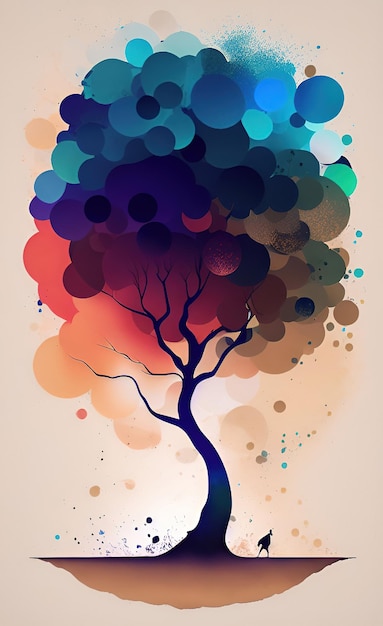 Ein bunter Baum mit blauem Hintergrund und den Worten „Baum“ auf der Unterseite.