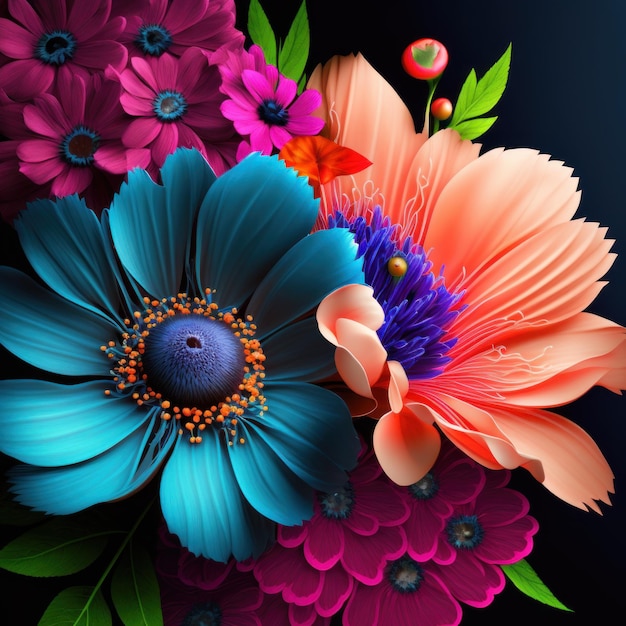 Ein bunter Blumenhintergrund mit einer blauen und rosa Blume.