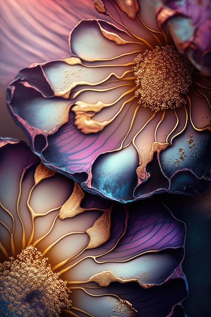 Ein bunter Blumenhintergrund mit einer lila und goldenen Blume.