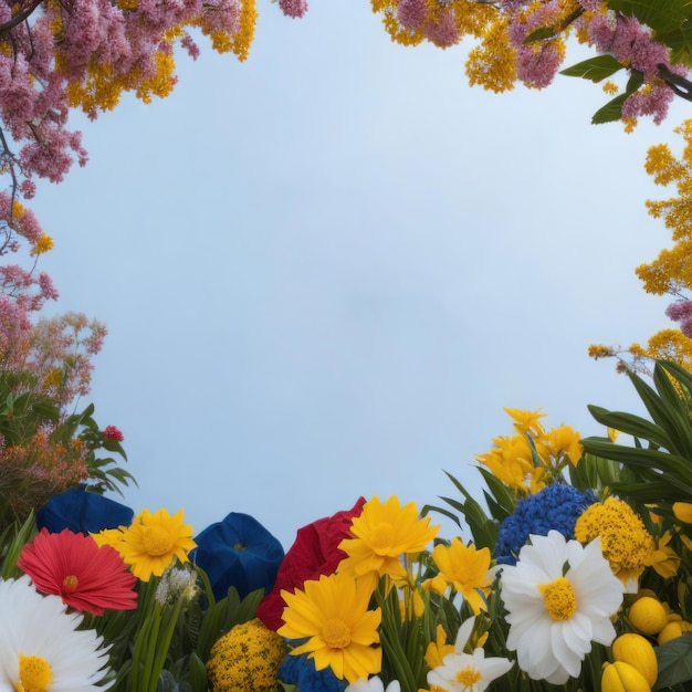 Ein bunter Blumenrahmen mit einem blauen Himmel im Hintergrund.