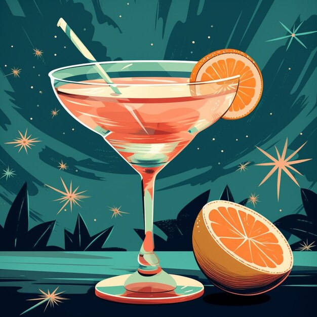 Ein bunter Cocktail mit Orangen und blauem Hintergrund.