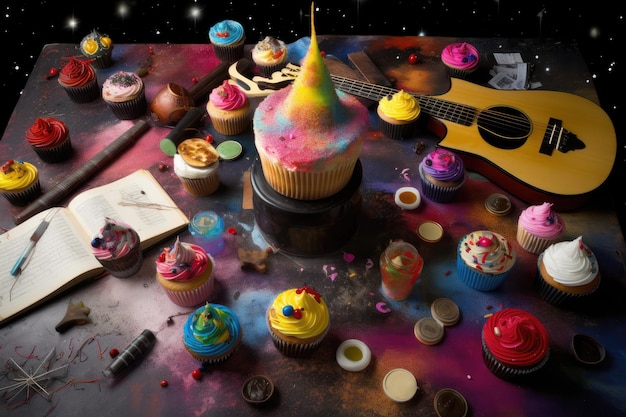 Ein bunter Cupcake ist von einer Gitarre und einem Cupcake umgeben.