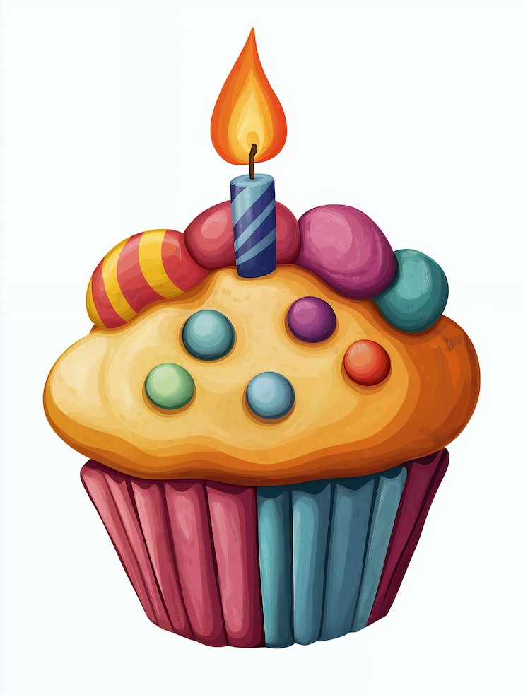 Foto ein bunter cupcake mit einer angezündeten kerze oben