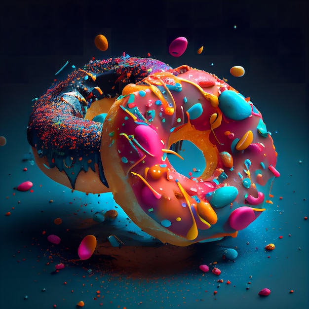 Ein bunter Donut mit einem schwarz-orangefarbenen Zuckerguss darauf.