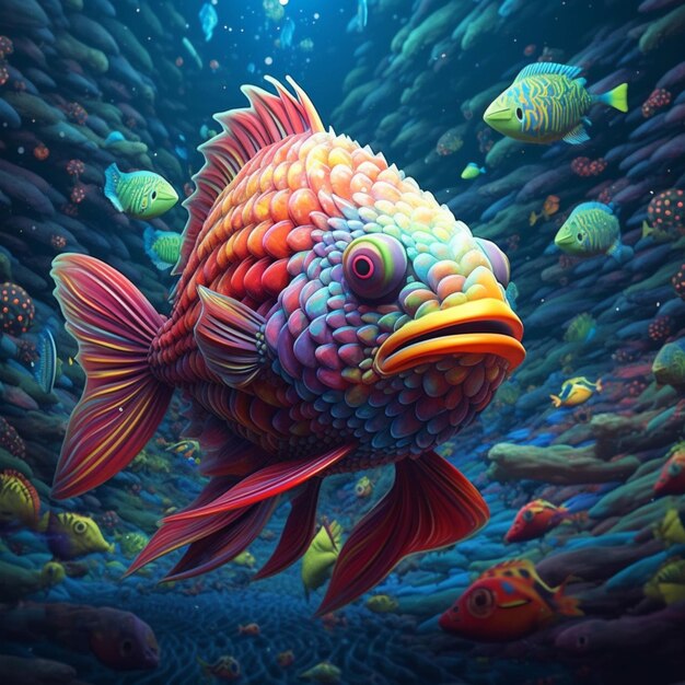 Ein bunter Fisch mit blauem Hintergrund und einem gelben Streifen auf der Unterseite.