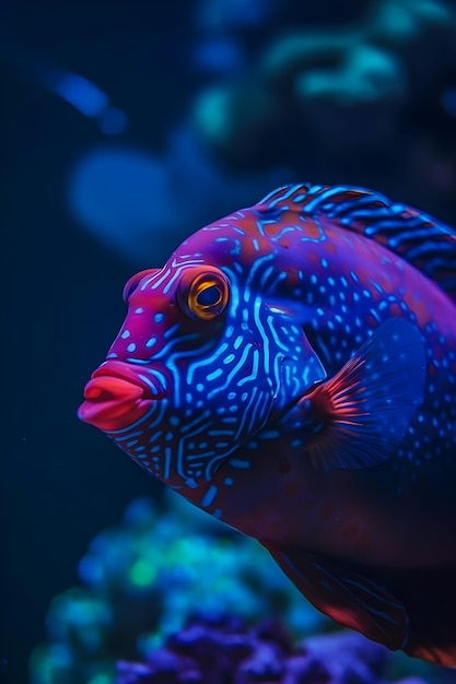 Ein bunter Fisch mit blauen und violetten Markierungen.