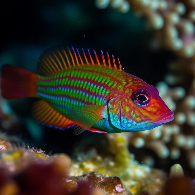 Ein bunter Fisch mit einem grünen Streifen, der sich an einem Korallenriff befindet.