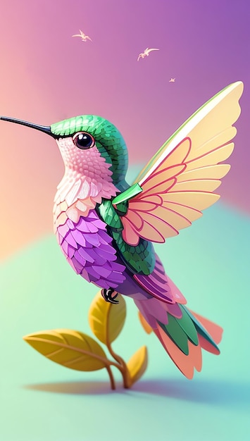 Ein bunter fliegender Kolibri mit farbenfrohem Hintergrund