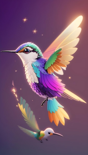 Ein bunter fliegender süßer Kolibri mit farbenfrohem Hintergrund