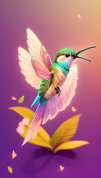 Ein bunter fliegender süßer Kolibri mit farbenfrohem Hintergrund