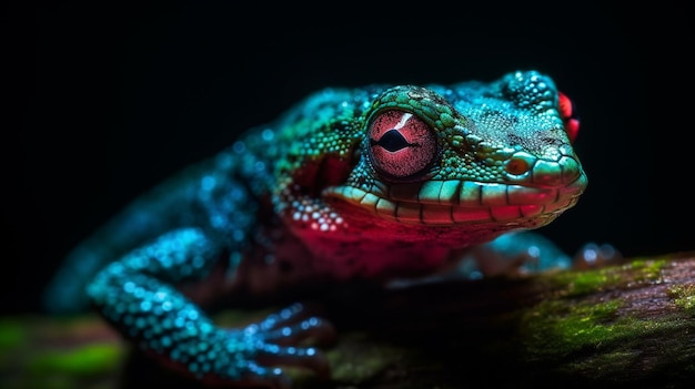Ein bunter Gecko mit rotem Auge sitzt auf einem Felsen.