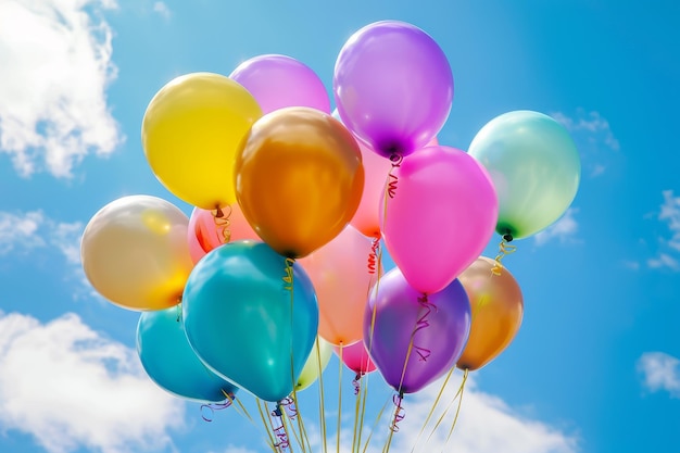 Ein bunter Haufen farbenfroher Ballons, die in der Luft schweben und eine lebendige und freudige Szene erzeugen Ein Haufen lebendiger Geburtstagsballons, die von KI generiert werden