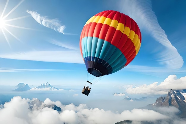 Ein bunter Heißluftballon mit einem Berg im Hintergrund