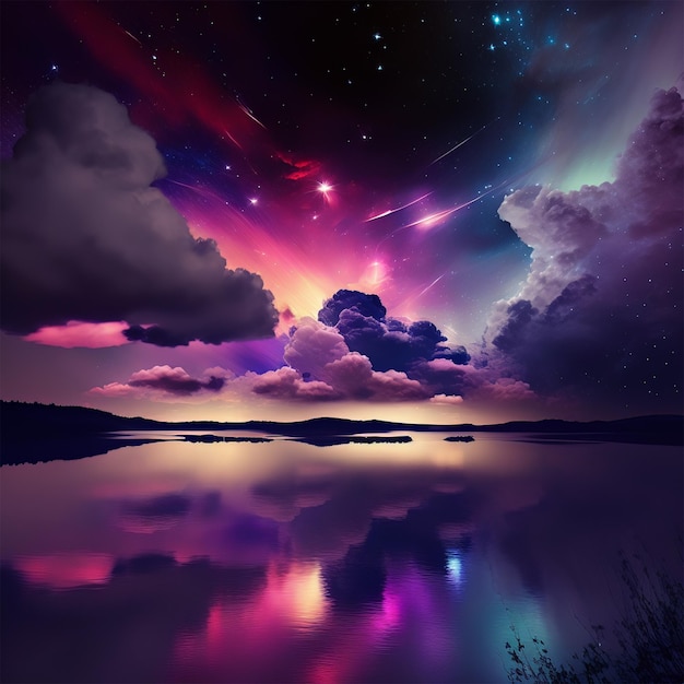 Ein bunter Himmel mit einem lila Stern und einem See im Hintergrund.