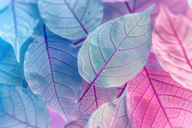 ein bunter Hintergrund aus Blättern mit verschiedenen Farben von lila, blau und rosa