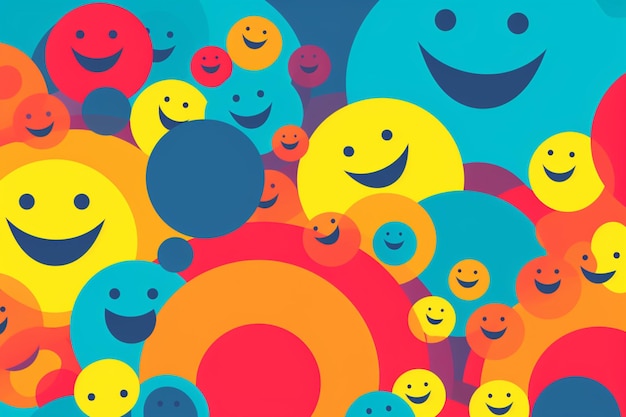 Ein bunter Hintergrund mit einem Smiley und einem blauen Kreis mit dem Wort „Happy“ darauf