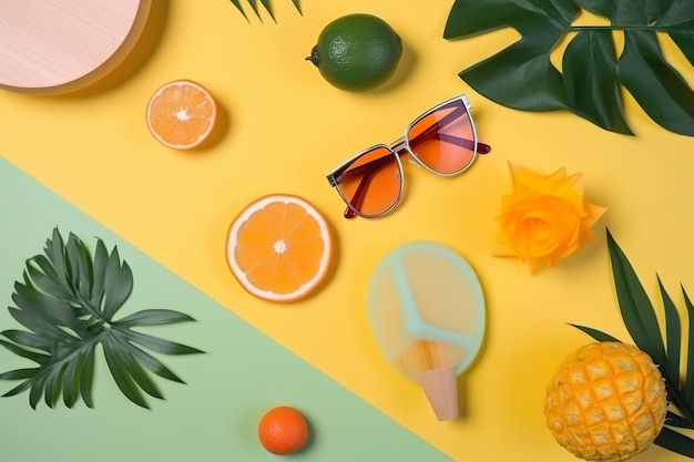 Ein bunter Hintergrund mit Früchten und einer Sonnenbrille