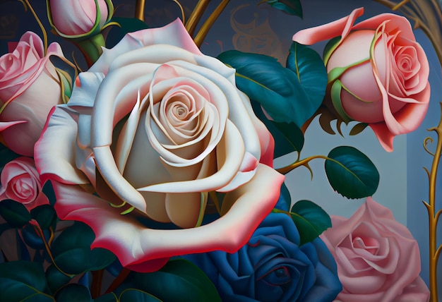 Ein bunter Hintergrund von Rosen in weiß-rosa und blau im Stil von hellgrau und hellbeige