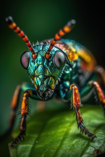 Ein bunter Käfer mit einem grünen und orangefarbenen Gesicht sitzt auf einem Blatt.