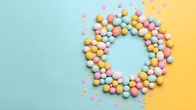 Ein bunter Kreis aus Süßigkeiten sitzt auf einem blau-gelben Hintergrund.