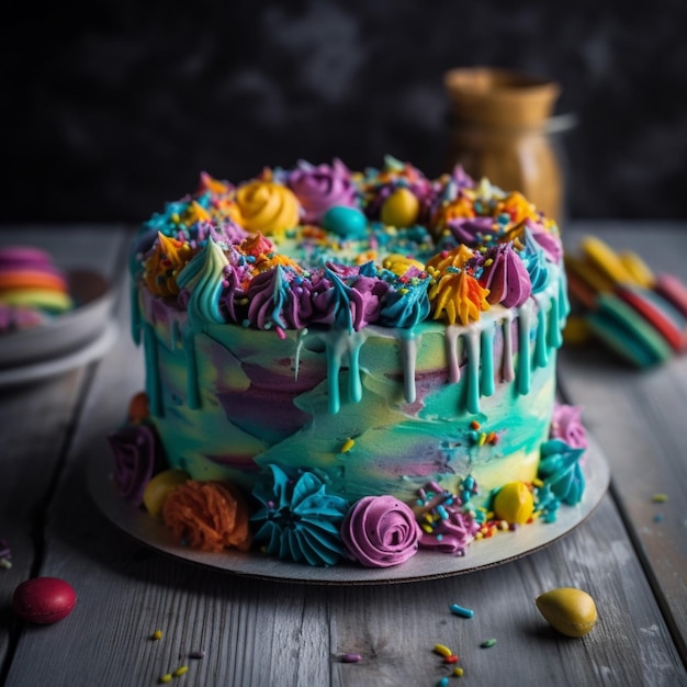 Ein bunter Kuchen mit einem Regenbogenstreusel darauf