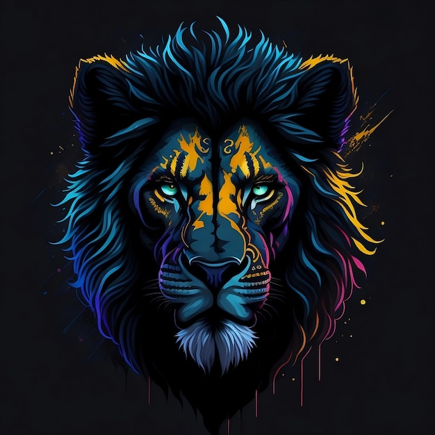 Ein bunter Löwe mit schwarzem Gesicht und blauen Augen.