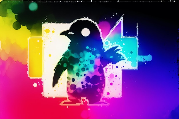 Foto ein bunter neonpinguin mit einem schwarzen vogel auf dem rücken.
