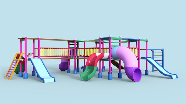 Ein bunter öffentlicher Spielplatz mit Beschneidungspfad 3D-Illustrationswiedergabe