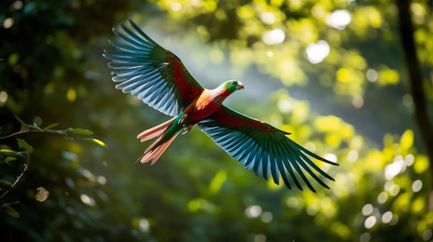 Ein bunter Papagei mit ausgebreiteten Flügeln, der im Wald fliegt