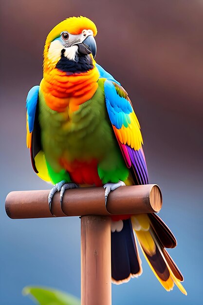 Ein bunter Papagei sitzt auf einer braunen Stange