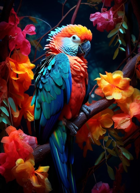 ein bunter Papagei sitzt auf einer Zweig mit einigen Blättern und Blumen im Stil von Neon