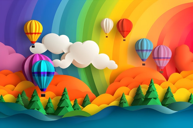 Ein bunter Papierschnitt aus einem Regenbogen mit einem Regenbogen und einem Heißluftballon am Himmel.