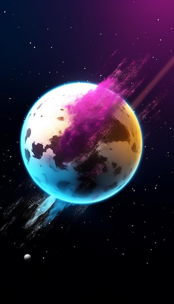 Ein bunter Planet mit einem lila Planeten im Hintergrund.