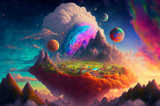 Ein bunter Planet mit einem Regenbogen im Hintergrund