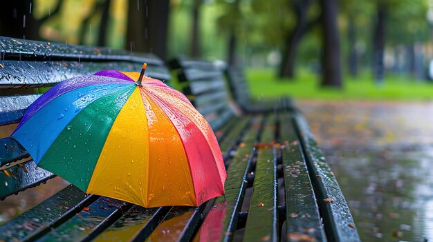 Ein bunter Regenschirm sitzt an einem regnerischen Tag auf einer Parkbank