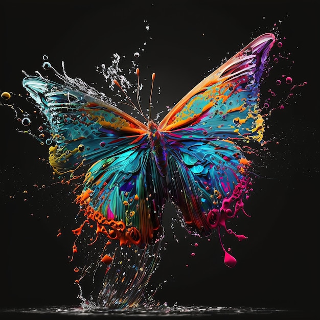 Ein bunter Schmetterling ist in Form von Farbspritzern 3D-Illustration dargestellt
