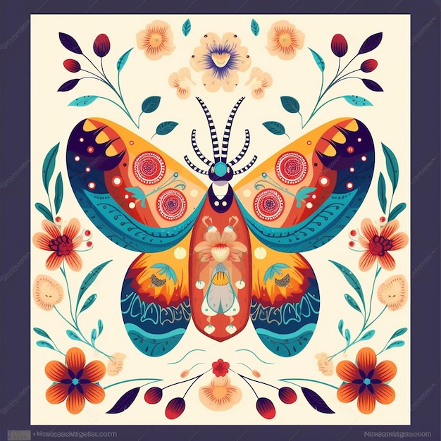 ein bunter Schmetterling mit Blumen und Schmetterlingen.